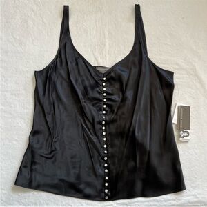 Josephine Chaus Black Satin Camisole with Pearl Buttons 100% Silk Size 4p